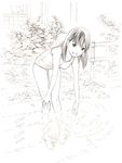 animal arm_support bangs barefoot breasts fish full_body hand_on_own_knee leaning_forward looking_at_viewer medium_hair monochrome one-piece_swimsuit original plant pond railing ripples school_swimsuit shadow sketch small_breasts smile soaking_hands solo standing swimsuit traditional_media wading wet yoshitomi_akihito 