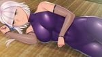  1girl bare_shoulders blush breasts dark_skin female fishnets game_cg highres large_breasts legs looking_at_viewer lying on_side sengoku_hime sengoku_hime_6 short_hair smile solo spandex thighs white_hair yellow_eyes 