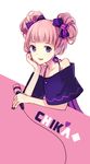  bad_id bad_pixiv_id bare_shoulders character_name chika_(vocaloid) double_bun hand_on_own_cheek heart looking_at_viewer microphone nail_art off_shoulder pink_hair purple_eyes short_hair smile solo vocaloid xk_xk 