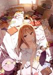  :&lt; absurdres barefoot bed blonde_hair blurry blush book bra breasts chair clothes computer depth_of_field desk from_above highres holding holding_skirt kantoku laptop long_hair looking_at_viewer looking_up medium_breasts messy_room naked_shirt navel off_shoulder open_book parted_lips perspective pillow pleated_skirt red_eyes sakura-sou_no_pet_na_kanojo scan shiina_mashiro shirt skirt skirt_removed solo underwear window 