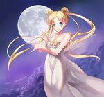  bare_shoulders bishoujo_senshi_sailor_moon blonde_hair blue_eyes breasts cleavage cloud collarbone double_bun dress full_moon large_breasts long_hair moon princess_serenity purple_background smile solo strapless strapless_dress tsuki_ni_kawatte_oshioki_yo tsukino_usagi twintails white_dress yamkom 