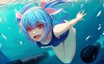  blue_hair bubble fang i-19_(kantai_collection) kantai_collection looking_at_viewer nian one-piece_swimsuit open_mouth pink_eyes school_swimsuit smile solo swimsuit torpedo twintails underwater 