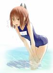  brown_eyes brown_hair hands_on_own_knees headgear highres i-401_(kantai_collection) kantai_collection leaning_forward one-piece_swimsuit partially_submerged ponytail retsumaru school_swimsuit swimsuit water wet 