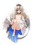  :&lt; amputee animal_ears barefoot blonde_hair blue_eyes bridal_veil crown detached_collar feet flat_chest full_body highres long_hair monster_girl nipples nude original prosthesis prosthetic_leg simple_background sindre sitting solo veil white_background wings 