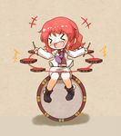  &gt;_&lt; 1girl :d arinu blazer closed_eyes drum drum_set drumming drumsticks fang horikawa_raiko instrument jacket miniskirt music necktie open_clothes open_mouth playing_instrument purple_neckwear red_hair shirt sitting_on_drum skirt smile solo touhou xd 