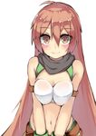  ahoge arm_belt bandeau battery_aida_ni_misu_ga_deta blush breast_squeeze breasts brown_eyes brown_hair gloves large_breasts long_hair looking_at_viewer navel sennen_sensou_aigis smile solo soma_(sennen_sensou_aigis) strapless upper_body very_long_hair white_background 