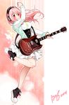  blush breasts electric_guitar guitar headphones highres instrument large_breasts long_hair looking_at_viewer nitroplus pink_eyes pink_hair plectrum sg skirt smile solo sua_k super_sonico 