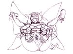  1girl anus boots breasts censored cleavage digimon digimon_frontier fairy fairymon female hetero highres legs long_hair monochrome pussy sketch smile solo spread_legs wings 