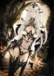  black_gloves breasts cleavage cleavage_cutout commentary_request downscaled elf gloves grey_eyes headwear highres large_breasts long_hair looking_at_viewer md5_mismatch navel original pointy_ears resized ricci smile solo thighhighs white_hair 