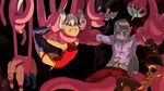  2boys 2girls ahoge belt black_hair elf feng_(skullgirls) hubrecht_(skullgirls) hubrecht_hertz_adelhardt mask multiple_boys multiple_girls muscle muse_(skullgirls) pink_hair pointy_ears silver_hair skullgirls suspended taliesin_(skullgirls) tentacle 