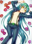  belt breasts denim eyewear_on_head green_hair highres jacket jeans long_hair lying navel ningen_series niounomiya_izumu on_back pants sayuringo small_breasts solo suspenders very_long_hair yellow_eyes zaregoto_series 