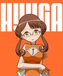  alternate_costume alternate_hairstyle aoki_hagane_no_arpeggio breasts brown_hair character_name double_bun glasses highres hyuuga_(aoki_hagane_no_arpeggio) kamo_3 large_breasts orange_background orange_shirt shirt solo yellow_eyes 