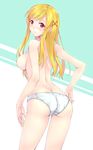  ass back blonde_hair blush breasts butt_crack follen_(639594) from_behind hair_ornament hairclip highres large_breasts long_hair looking_at_viewer looking_back nipples panties red_eyes shiraishi_urara solo standing topless underwear underwear_only white_panties yamada-kun_to_7-nin_no_majo 