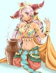  animal_ears ankh armlet bad_id bad_pixiv_id bangle bare_shoulders blue_eyes blush bracelet bracer breasts cleavage collarbone cow_ears cow_horns dark_skin egyptian groin hair_ornament hathor_(p&amp;d) horn_ring horns jar jewelry kneeling large_breasts long_hair matsuri_(matsuike) navel necklace pink_hair puzzle_&amp;_dragons smile solo very_long_hair 
