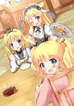  :d ;d alice_cartelet bangs blonde_hair blue_eyes blunt_bangs blush bow cafe checkerboard_cookie color_connection company_connection cookie cosplay crossover cup fleur_de_lapin_uniform food gochuumon_wa_usagi_desu_ka? hair_bow hair_bun hair_color_connection hair_ornament hair_stick hairband hairclip hairpin highres kin-iro_mosaic kirima_sharo kirima_sharo_(cosplay) kujou_karen long_hair looking_at_viewer looking_back manga_time_kirara multiple_girls one_eye_closed open_mouth purple_eyes saucer short_hair smile sparkle tea teacup teapot tile_floor tiles tray twintails uniform wooden_chair wooden_table x_hair_ornament zenon_(for_achieve) 