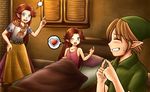  2girls angry bed blue_eyes blush commentary_request cremia link multiple_girls nervous one_eye_closed red_hair romani_(zelda) smile sweatdrop tacoyaki the_legend_of_zelda the_legend_of_zelda:_majora's_mask young_link 