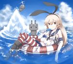  &gt;_&lt; :3 afloat anchor_hair_ornament blonde_hair brown_eyes closed_eyes day eating elbow_gloves food gloves hair_ornament hair_ribbon highres innertube kantai_collection long_hair machinery midriff mku navel popsicle rensouhou-chan ribbon shimakaze_(kantai_collection) solo striped striped_legwear thighhighs triangle_mouth turret 