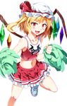  blonde_hair blush breasts cheerleader cowboy_shot e.o. engrish error fangs flandre_scarlet frilled_skirt frills hat hat_ribbon highres looking_at_viewer midriff miniskirt mob_cap navel open_mouth pleated_skirt pom_poms ranguage red_eyes ribbon shoes short_hair side_ponytail simple_background skirt small_breasts smile solo touhou typo white_background wings 