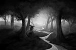  broom commentary forest forest_of_magic greyscale hat kirisame_marisa long_hair monochrome nature scenery stream touhou tree witch_hat zarisu 