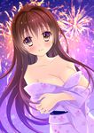  aerial_fireworks alternate_costume bad_id bad_pixiv_id blush breasts brown_eyes brown_hair cleavage collarbone dutch_angle fireworks hair_down japanese_clothes kantai_collection kimono large_breasts long_hair looking_at_viewer multicolored multicolored_eyes off_shoulder outdoors purple_eyes smile solo upper_body yamato_(kantai_collection) yukata yuzukaze_rio 
