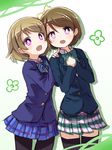  black_legwear blazer bow brown_hair commentary dual_persona hair_bow hands_on_another's_shoulders hands_together jacket koizumi_hanayo love_live! love_live!_school_idol_project multiple_girls pantyhose plaid plaid_skirt pointing purple_eyes shipii_(jigglypuff) short_hair skirt thighhighs 