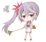  akebono_(kantai_collection) bell broom commentary_request flower hair_bell hair_flower hair_ornament jingle_bell kantai_collection long_hair ponytail purple_eyes side_ponytail simple_background solo white_background yamiarisu 