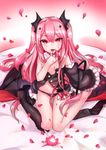  absurdres fangs finger_to_mouth flat_chest flower full_body hair_ribbon highres kneehighs krul_tepes long_hair looking_at_viewer navel off_shoulder owari_no_seraph panties petals pink_eyes pink_hair pointy_ears ribbon rose shennai_misha sitting solo thighs two_side_up underwear wariza wide_sleeves 