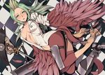  armor blush breasts checkered checkered_floor cleavage fairy_queen_(unlight) feathered_wings feathers green_eyes green_hair harpy kurowa lying medium_breasts monster_girl navel on_side pointy_ears rapier solo sword talons unlight weapon wings 