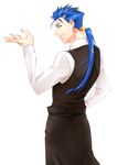  absurdres blue_hair earrings fate/stay_night fate_(series) highres jewelry lancer long_hair male_focus ponytail red_eyes ryugun solo transparent_background vest waistcoat waiter 
