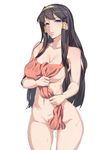  apron black_hair blue_eyes breasts cleavage egyptian hair_tubes hairband isis_(p&amp;d) kurowa large_breasts lips long_hair naked_apron navel puzzle_&amp;_dragons solo sweat wringing_clothes 
