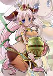  animal_ears ankh armlet bare_shoulders barefoot blue_eyes blush bracer breast_rest breasts circlet cleavage cow_ears cow_horns dark_skin egyptian groin hair_ornament hathor_(p&amp;d) horn_ring horns impossible_clothes jar jewelry large_breasts long_hair navel necklace parted_lips pink_hair puzzle_&amp;_dragons solo takoyaki_kenken very_long_hair zoom_layer 