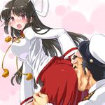  1girl :o admiral_(kantai_collection) anger_vein ass black_hair blush breasts dd_(ijigendd) face_in_ass hair_ribbon hand_on_another's_head hime_cut hiyou_(kantai_collection) kantai_collection large_breasts long_hair long_skirt long_sleeves onmyouji open_mouth red_skirt ribbon skirt sweatdrop v-shaped_eyebrows white_ribbon 