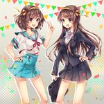  bag brown_eyes brown_hair dual_persona hair_ribbon hairband highres kita_high_school_uniform kouyouen_academy_uniform long_hair multiple_girls orange_hairband ribbon school_bag school_briefcase school_uniform serafuku short_hair suzumiya_haruhi suzumiya_haruhi_no_shoushitsu suzumiya_haruhi_no_yuuutsu teka uniform v 