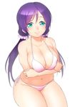  bikini blush breasts cleavage crossed_arms green_eyes huge_breasts long_hair looking_at_viewer love_live! love_live!_school_idol_project low_twintails navel onsoku_maru pink_bikini purple_hair side-tie_bikini simple_background smile solo swimsuit toujou_nozomi twintails white_background 