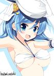  :3 artist_name bikini blue_eyes blue_hair blush breasts covered_nipples elbow_gloves fang gloves hand_on_headwear hands_up hat inuzumi_masaki kantai_collection large_breasts lion_hair_ornament long_hair looking_at_viewer micro_bikini salute shiny shiny_skin solo swimsuit upper_body urakaze_(kantai_collection) white_bikini white_gloves white_hat 