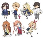  2boys 5girls :d bag blonde_hair blue_jacket blue_legwear blue_neckwear blush bow bowtie brown_eyes brown_footwear brown_hair buchou_(kono_bijutsubu_niwa_mondai_ga_aru!) bunny_hair_ornament canvas cardigan character_request chibi closed_mouth colette_(kono_bijutsubu_niwa_mondai_ga_aru!) collared_shirt commentary_request double_bun double_v fang green_neckwear grey_skirt grin hair_bow hair_flaps hair_ornament hairband hand_up highres holding imari_maria imigimuru jacket jitome kono_bijutsubu_niwa_mondai_ga_aru! loafers long_hair long_sleeves looking_at_viewer multiple_boys multiple_girls open_mouth orange_hair pencil pencil_skirt pleated_skirt purple_eyes red-framed_eyewear red_vest running s school_bag school_uniform semi-rimless_eyewear shirt shoes short_hair shoulder_bag simple_background skirt smile socks standing sweater tachibana_yumeko twintails uchimaki_subaru under-rim_eyewear usami_mizuki v vest white_background white_footwear white_legwear wing_collar yo-yo 