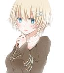  backlighting bad_id bad_pixiv_id blonde_hair blue_eyes blush bracelet earrings hair_ornament hairclip hiro_(hirohiro31) jewelry long_sleeves looking_at_viewer necklace open_mouth original pendant ring short_hair smile solo upper_body 