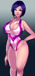  bare_shoulders black_background blue_hair breasts cleavage gradient gradient_background large_breasts looking_at_viewer original purple_eyes short_hair smile solo thighs zxc 