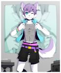  anthro belt blue_eyes bracelet buckle canine clothed clothing danboyya2000 dog fingers fishnet fur hair husky jacket jewelry knodis looking_at_viewer male mammal music nipples one_eye_closed pink_nipples purple_fur purple_hair purple_nose shorts smile solo standing studio three-quarter_portrait underwear white_fur wink 