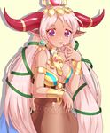  :p animal_ears ankh armlet bangle bare_shoulders blush bracelet bracer breasts circlet cleavage cow_ears cow_horns dark_skin egyptian finger_to_mouth hair_ornament hathor_(p&amp;d) horn_ring horns jar jewelry jyukariko large_breasts long_hair necklace pink_hair purple_eyes puzzle_&amp;_dragons silhouette simple_background smile solo tongue tongue_out very_long_hair yellow_background 