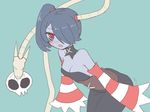  1girl blue_skin blush breasts cleavage detached_collar detached_sleeves dress hair_over_one_eye leviathan_(skullgirls) purple_hair red_eyes side_ponytail skullgirls squigly_(skullgirls) stitched_mouth striped striped_sleeves sumiyao_(amam) zombie 