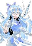  alternate_hair_length alternate_hairstyle blue_dress blue_eyes blue_hair bow cirno dress hair_bow ice ice_wings long_hair long_sleeves looking_at_viewer older open_mouth smile solo touhou translated tsuki_wani v very_long_hair wings 
