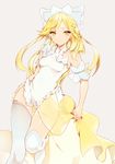  arm_cuffs bare_arms blonde_hair headdress long_hair looking_at_viewer lpip original see-through simple_background smile solo thighhighs yellow_eyes 
