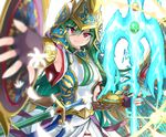  armor armpits athena_(p&amp;d) fingerless_gloves foreshortening gloves green_hair helmet highres kazami_chiu long_hair mechanical_wings polearm puzzle_&amp;_dragons red_eyes sheath sheathed shield smile solo spear sword weapon wings 