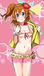  bad_id bad_pixiv_id bikini blue_eyes brown_hair flower frilled_bikini frills hair_flower hair_ornament hairband hibiscus kousaka_honoka love_live! love_live!_school_idol_project micro_bikini natsuiro_egao_de_1_2_jump! one_side_up short_hair standing swimsuit vest yuto_(wyuichi_0503) 