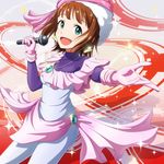  amami_haruka brown_hair choujikuu_yousai_macross cosplay green_eyes hair_ribbon idolmaster idolmaster_(classic) kouchou lynn_minmay lynn_minmay_(cosplay) macross macross_flashback_2012 microphone open_mouth ribbon short_hair smile solo 