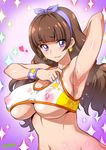  adjusting_clothes alternate_breast_size amanogawa_kirara arm_up armpits blush breasts brown_hair covered_nipples earrings go!_princess_precure hairband jewelry joy_ride large_breasts long_hair midriff navel nipples parted_lips precure purple_eyes purple_hairband see-through smile smirk solo sparkle star star_earrings steaming_body sweat underboob wristband 