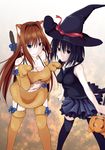  animal_ears aozaki_aoko black_hair blue_eyes bow breasts brown_hair cat_ears cat_tail cleavage gloves hair_intakes halloween halloween_costume hat highres jack-o'-lantern kemonomimi_mode kuonji_alice large_breasts long_hair mahou_tsukai_no_yoru mu-_(tel445566) multiple_girls paw_gloves paw_pose paws short_hair tail tail_bow thighhighs witch witch_hat zettai_ryouiki 