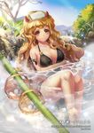  anklet bamboo basket breast_hold breasts brown_eyes day demon_horns egg horns jewelry large_breasts light_brown_hair light_rays long_hair looking_at_viewer onsen outdoors partially_submerged sitting smile solo steam swimsuit tenka_touitsu_chronicle towel towel_on_head water wavy_hair yamkom 