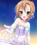  bare_shoulders blush breasts brown_hair cleavage crown dress elbow_gloves gloves green_eyes idolmaster idolmaster_cinderella_girls looking_at_viewer medium_breasts mini_crown neck_ribbon open_mouth ribbon rocomani short_hair smile solo tada_riina white_dress white_gloves 